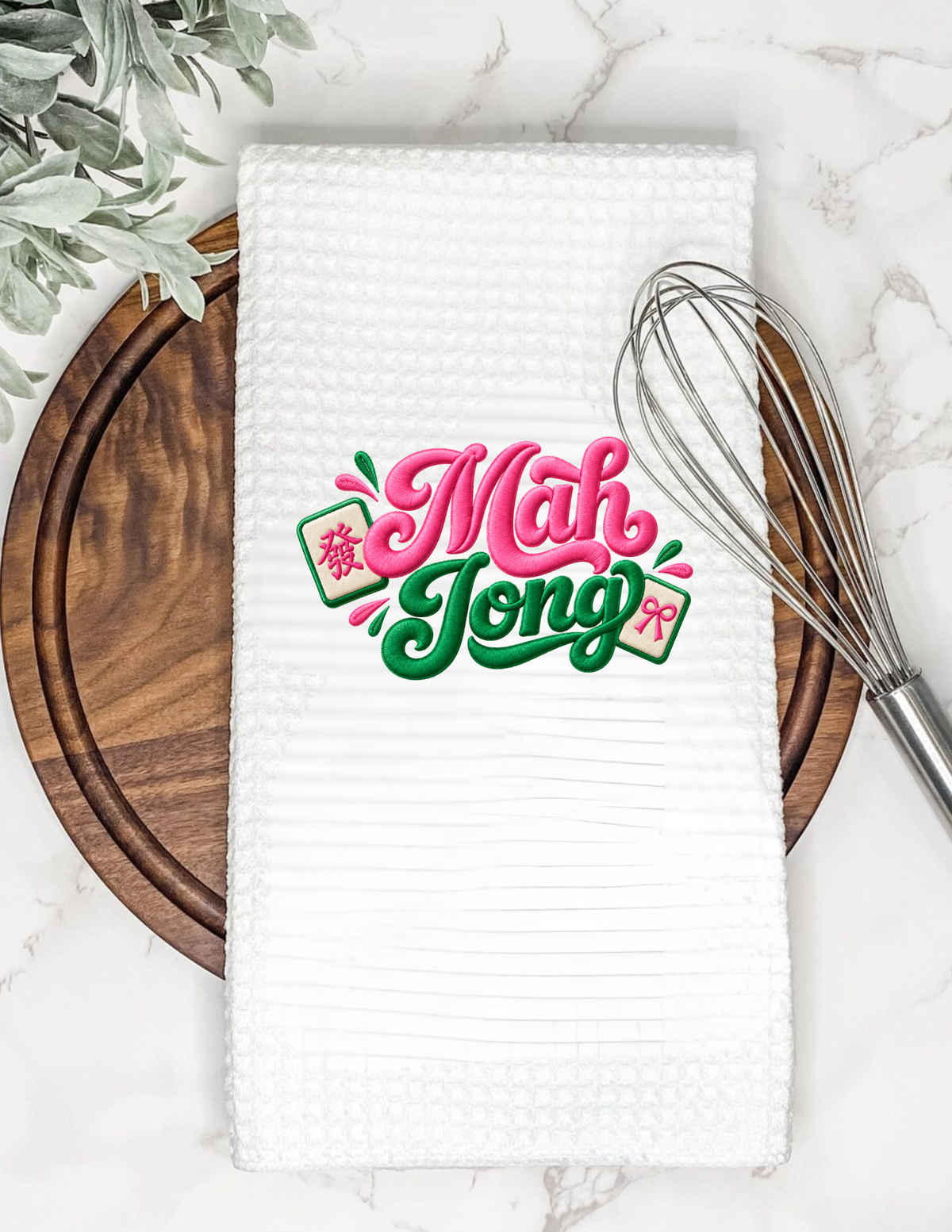 Mahjong Pink & Green Waffle Tea Towel