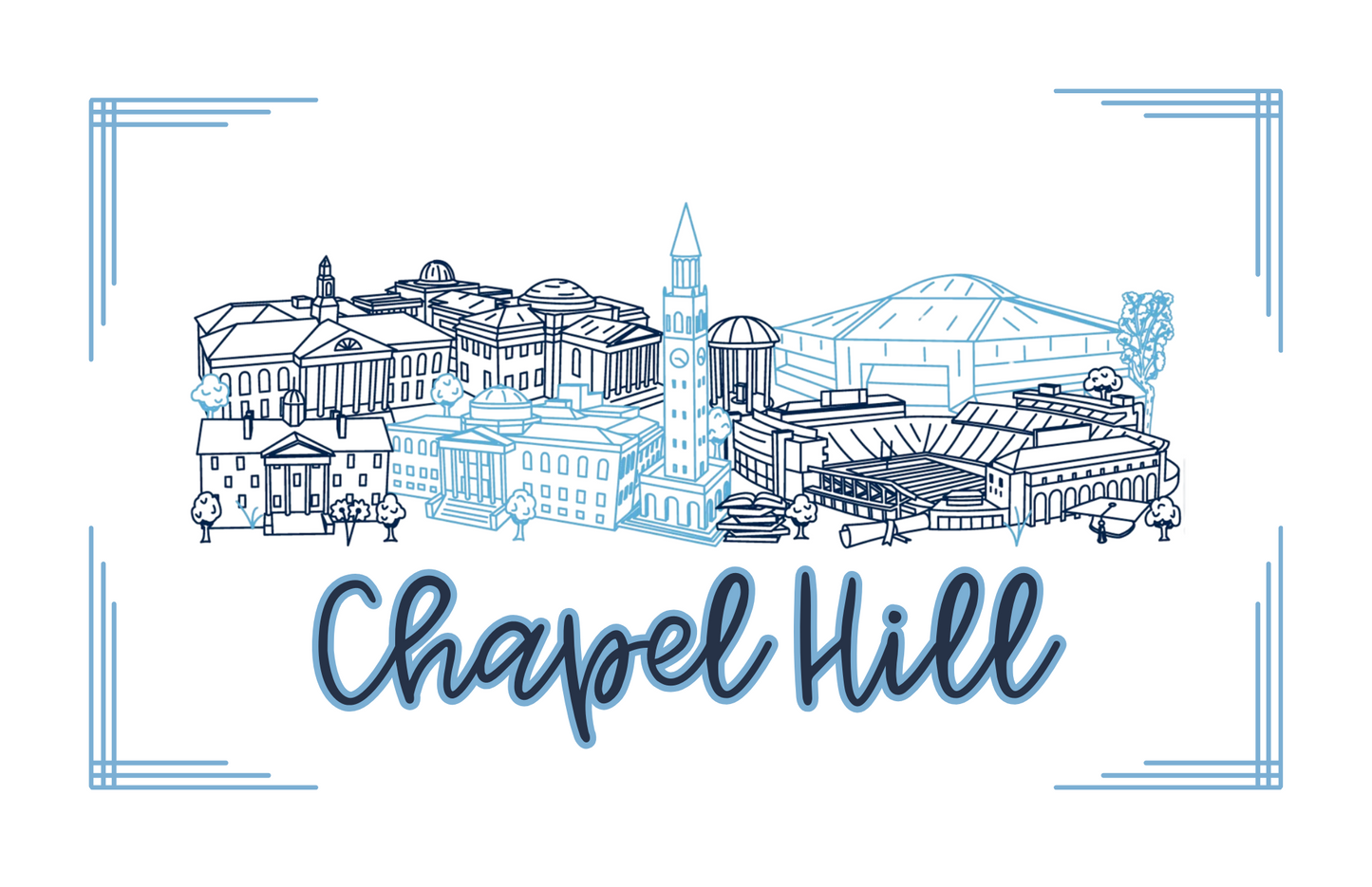 An acrylic serving tray with a blue floral pattern and the text 'NORTH CAROLINA' across the center.