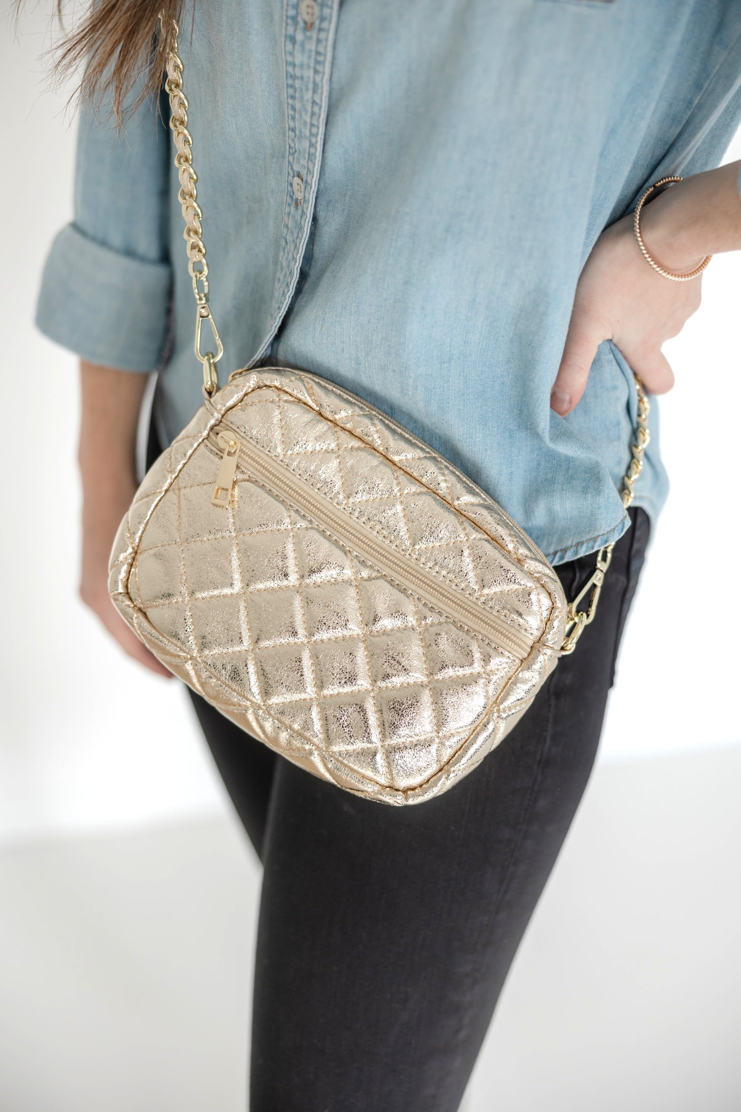 SueEllen Quilted Small Crossbody Bag with Gold Chain Strap