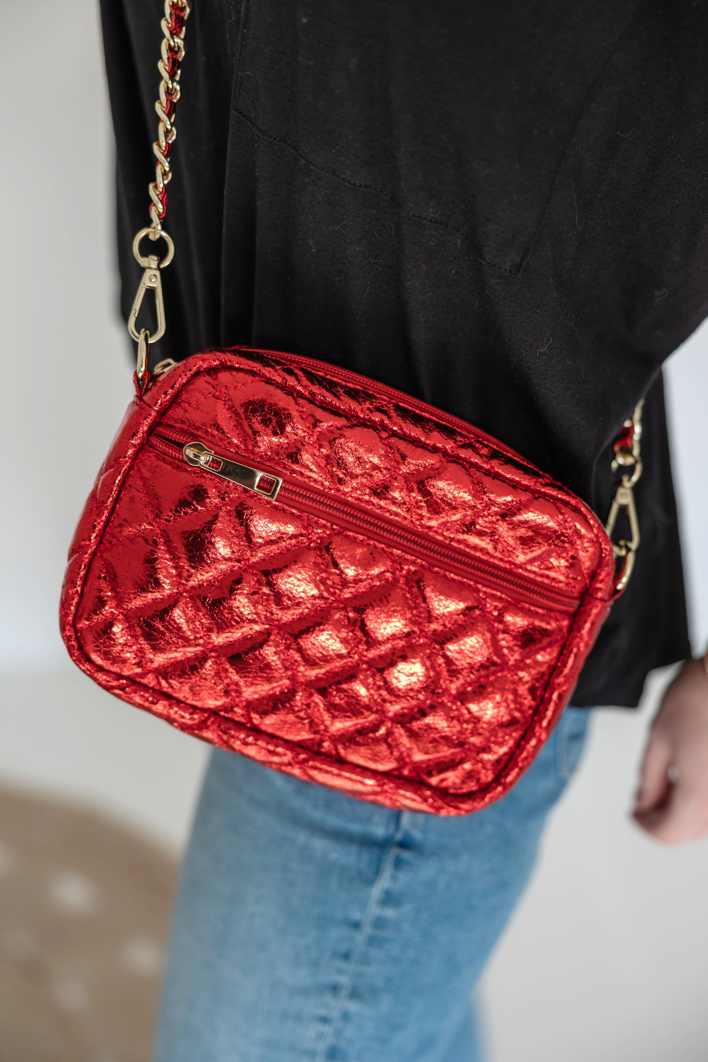 SueEllen Quilted Small Crossbody Bag with Gold Chain Strap