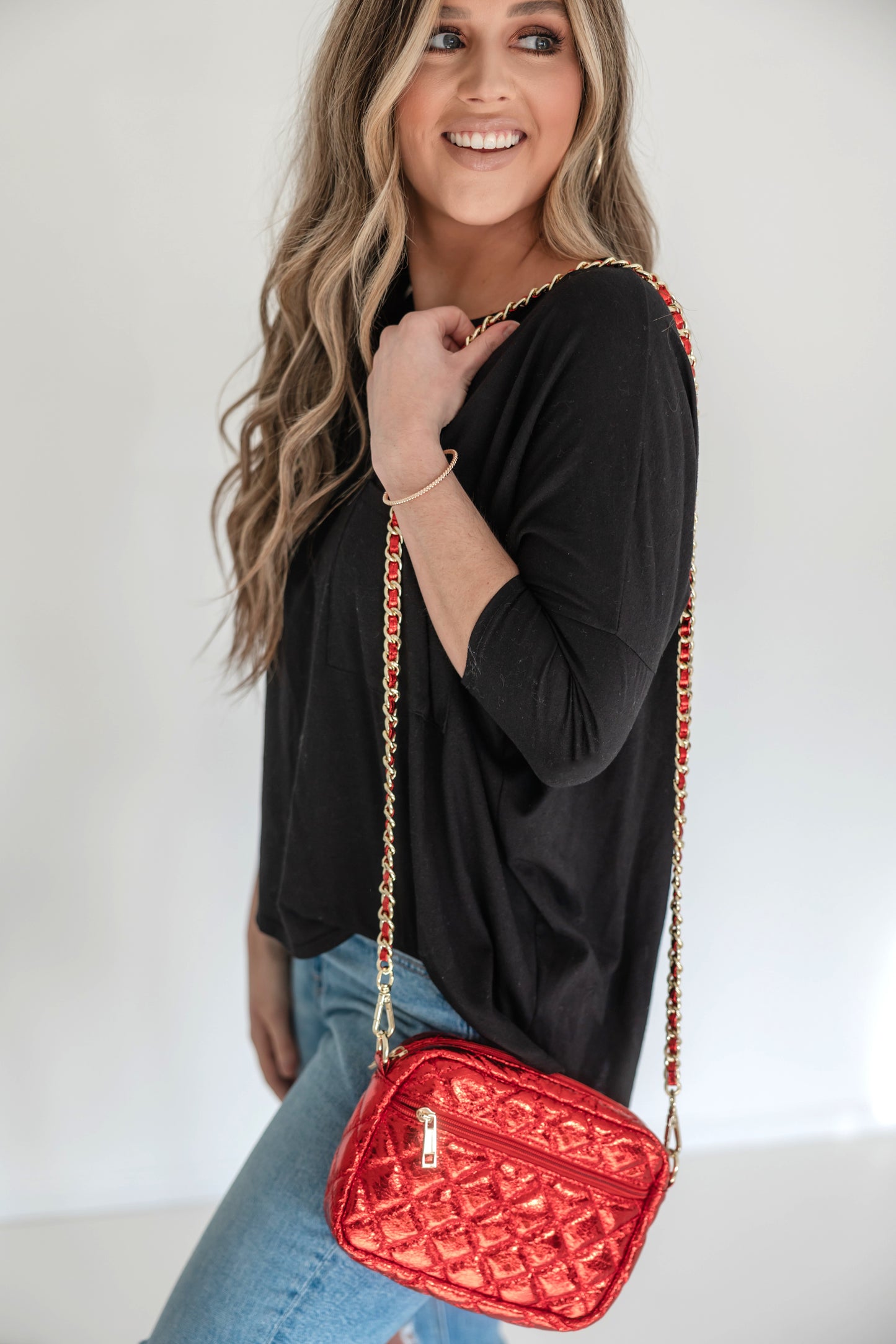 SueEllen Quilted Small Crossbody Bag with Gold Chain Strap