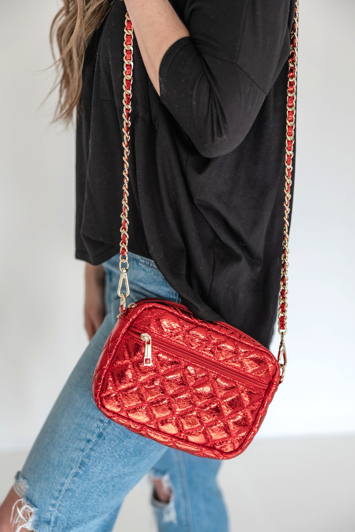 SueEllen Quilted Small Crossbody Bag with Gold Chain Strap