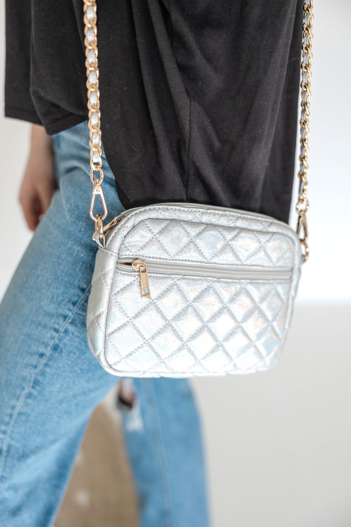 SueEllen Quilted Small Crossbody Bag with Gold Chain Strap