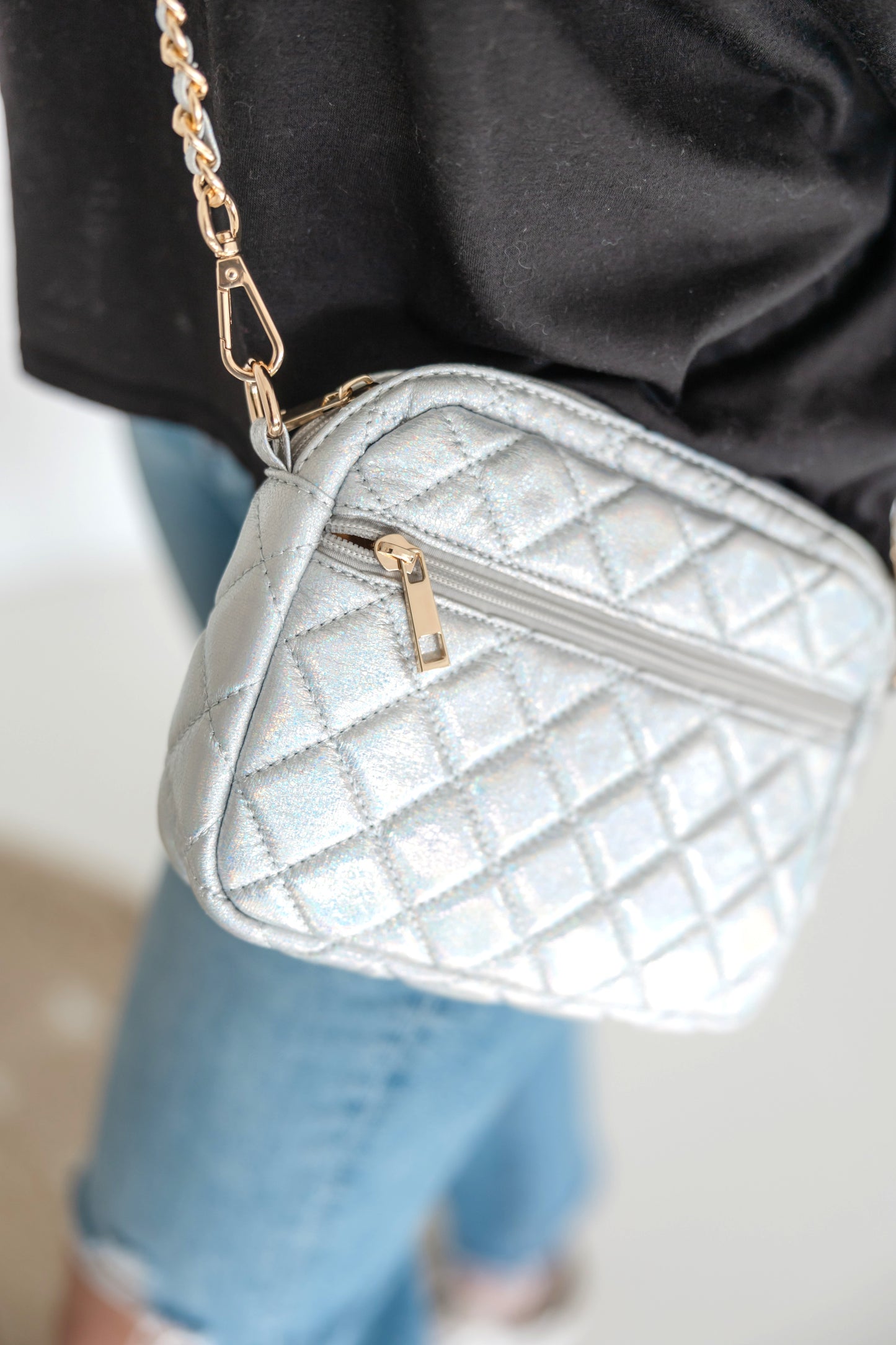 SueEllen Quilted Small Crossbody Bag with Gold Chain Strap