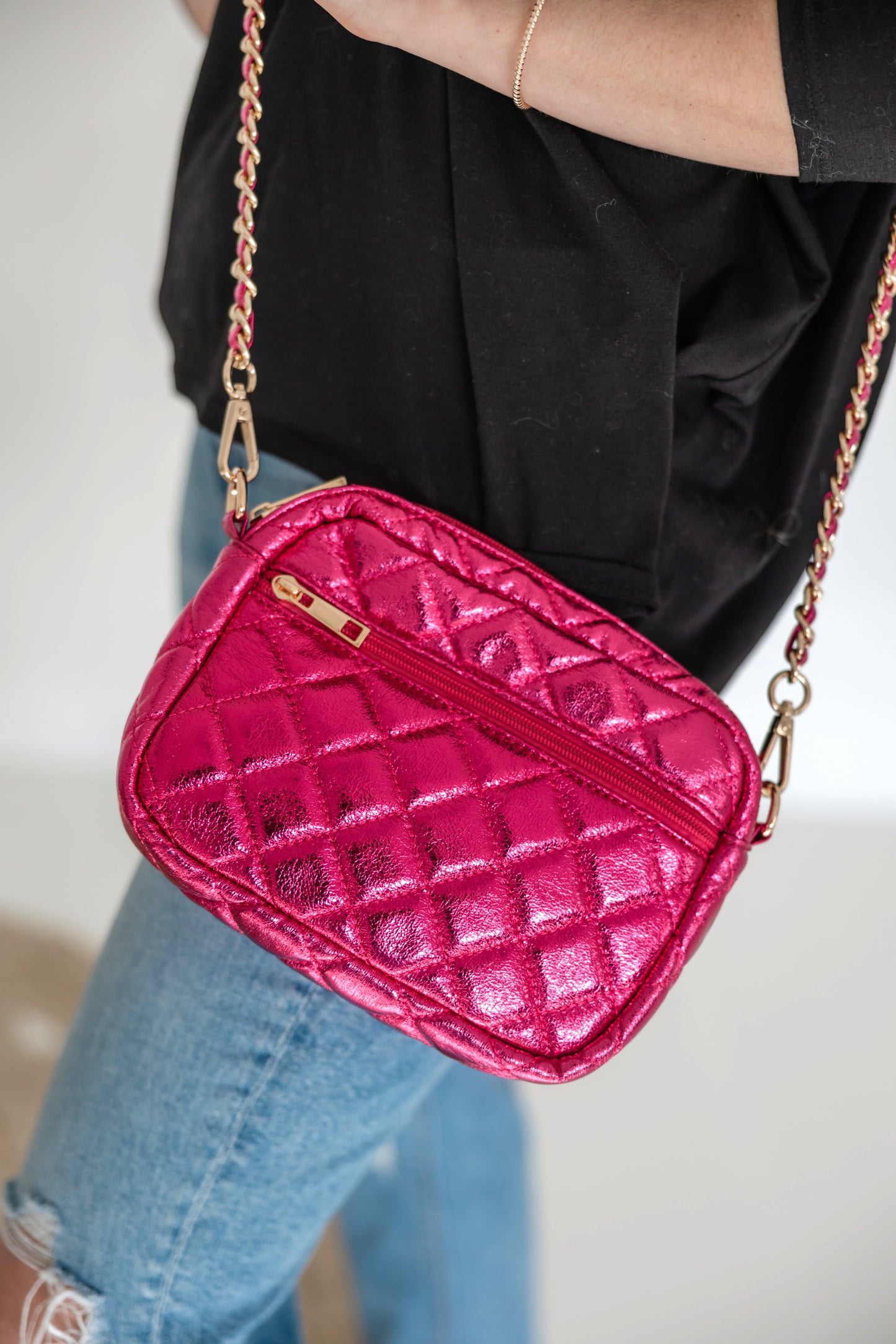 SueEllen Quilted Small Crossbody Bag with Gold Chain Strap