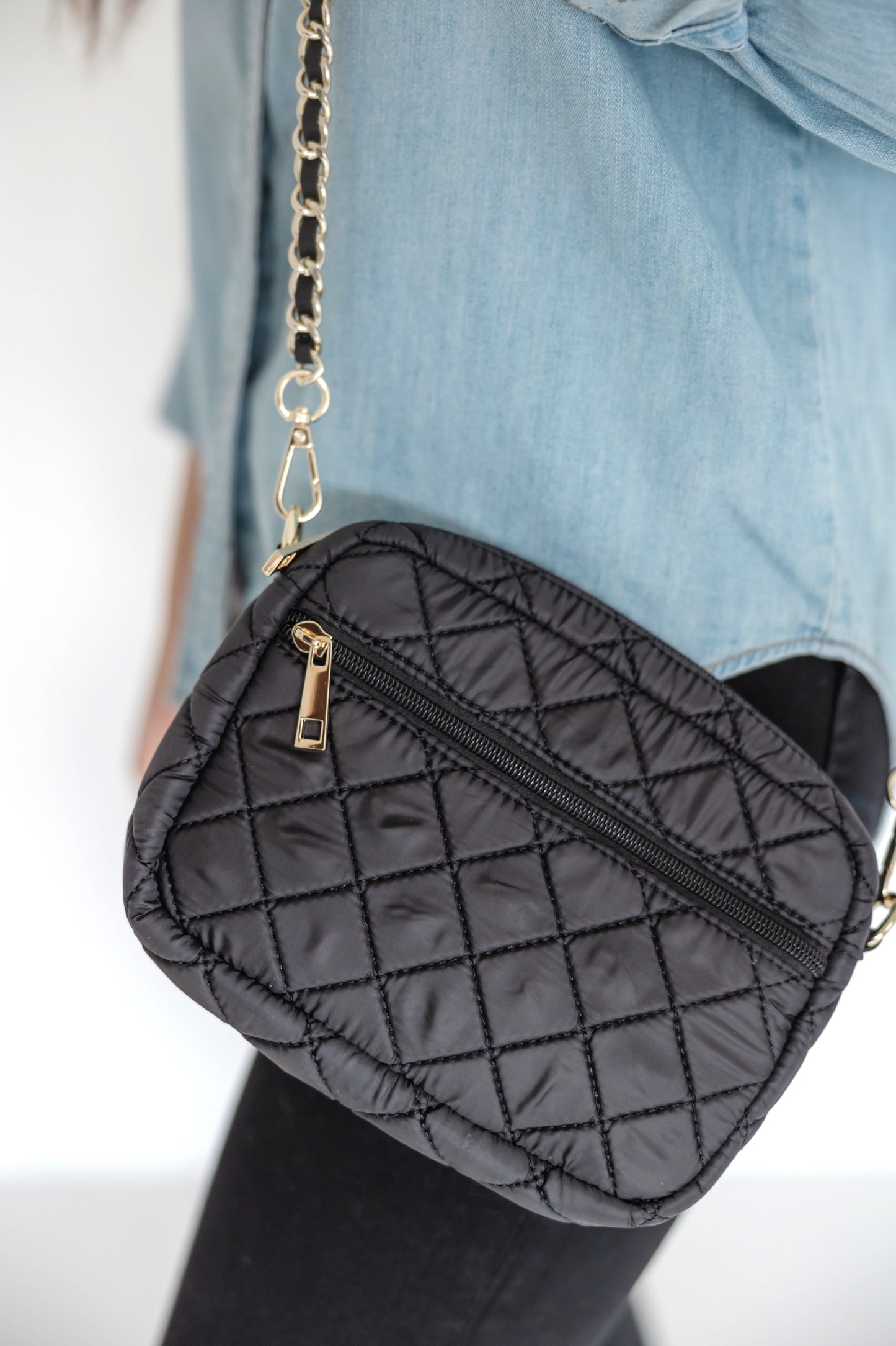SueEllen Quilted Small Crossbody Bag with Gold Chain Strap
