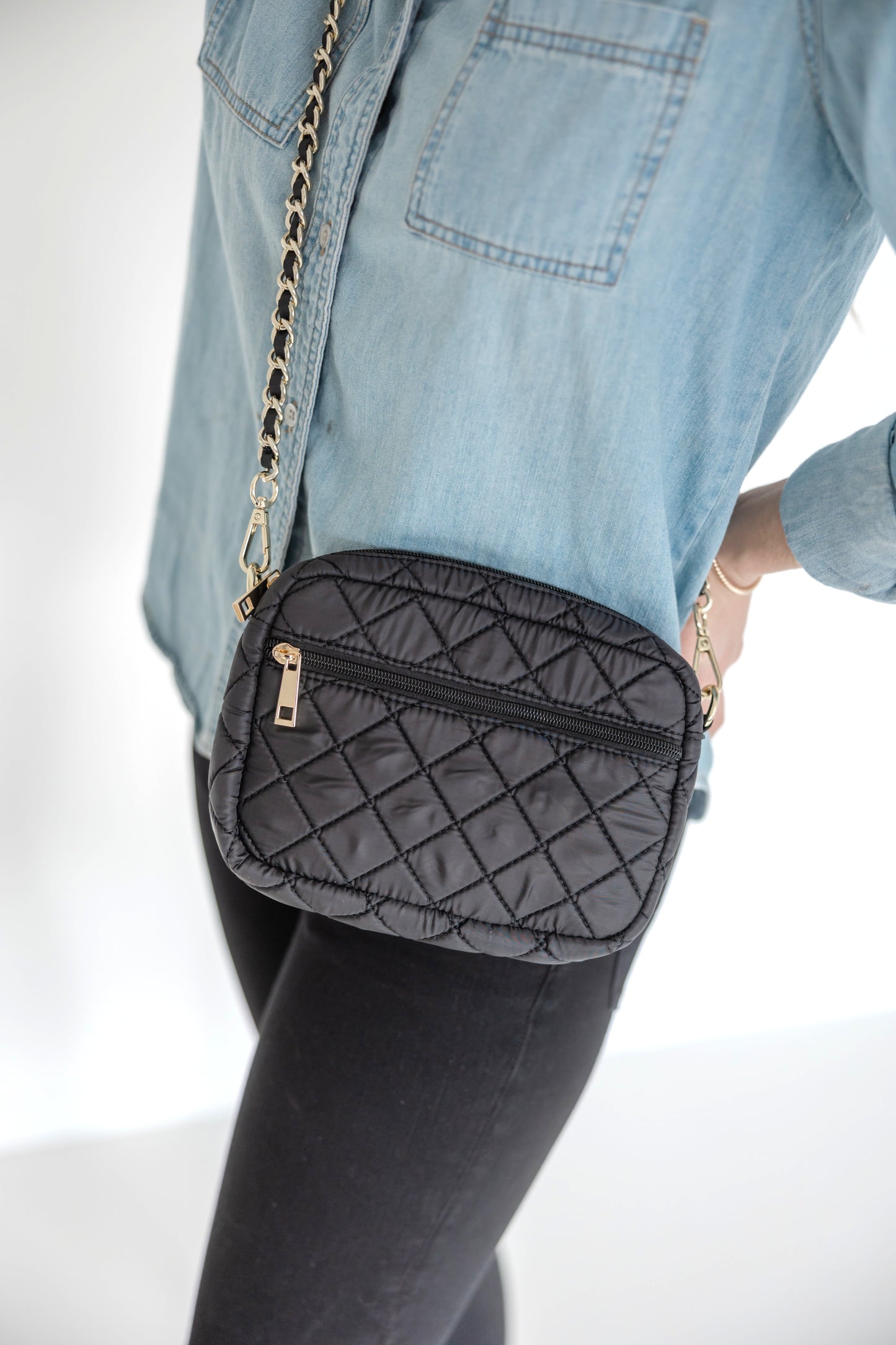 SueEllen Quilted Small Crossbody Bag with Gold Chain Strap