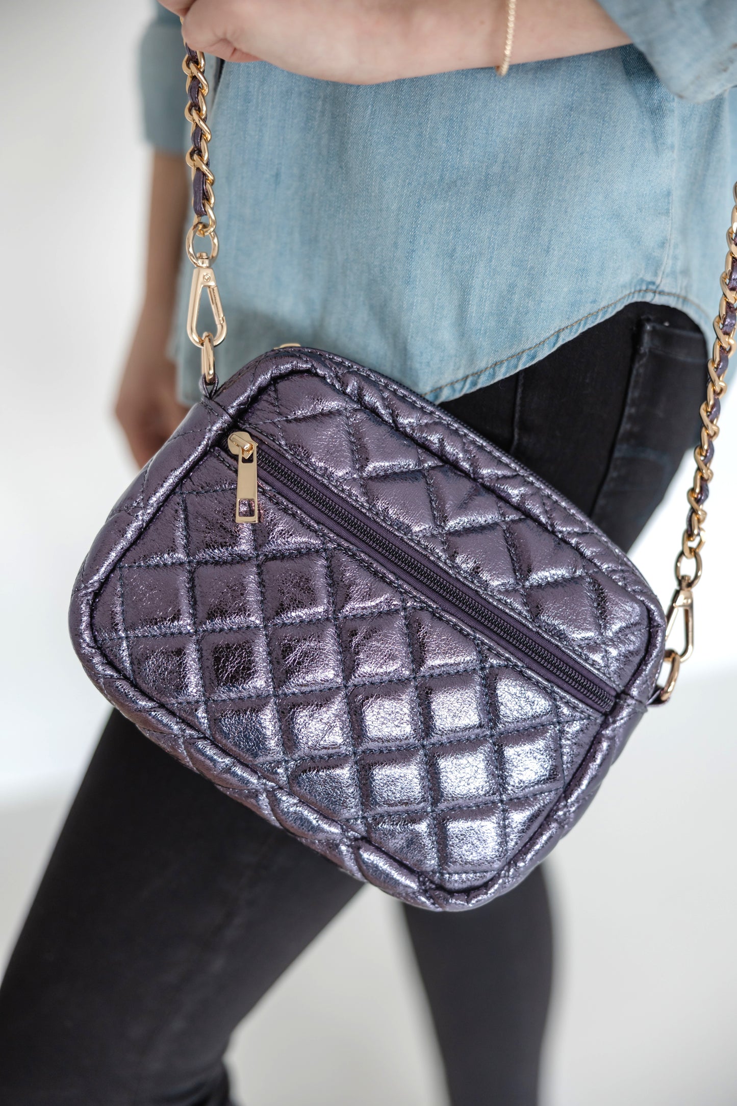 SueEllen Quilted Small Crossbody Bag with Gold Chain Strap