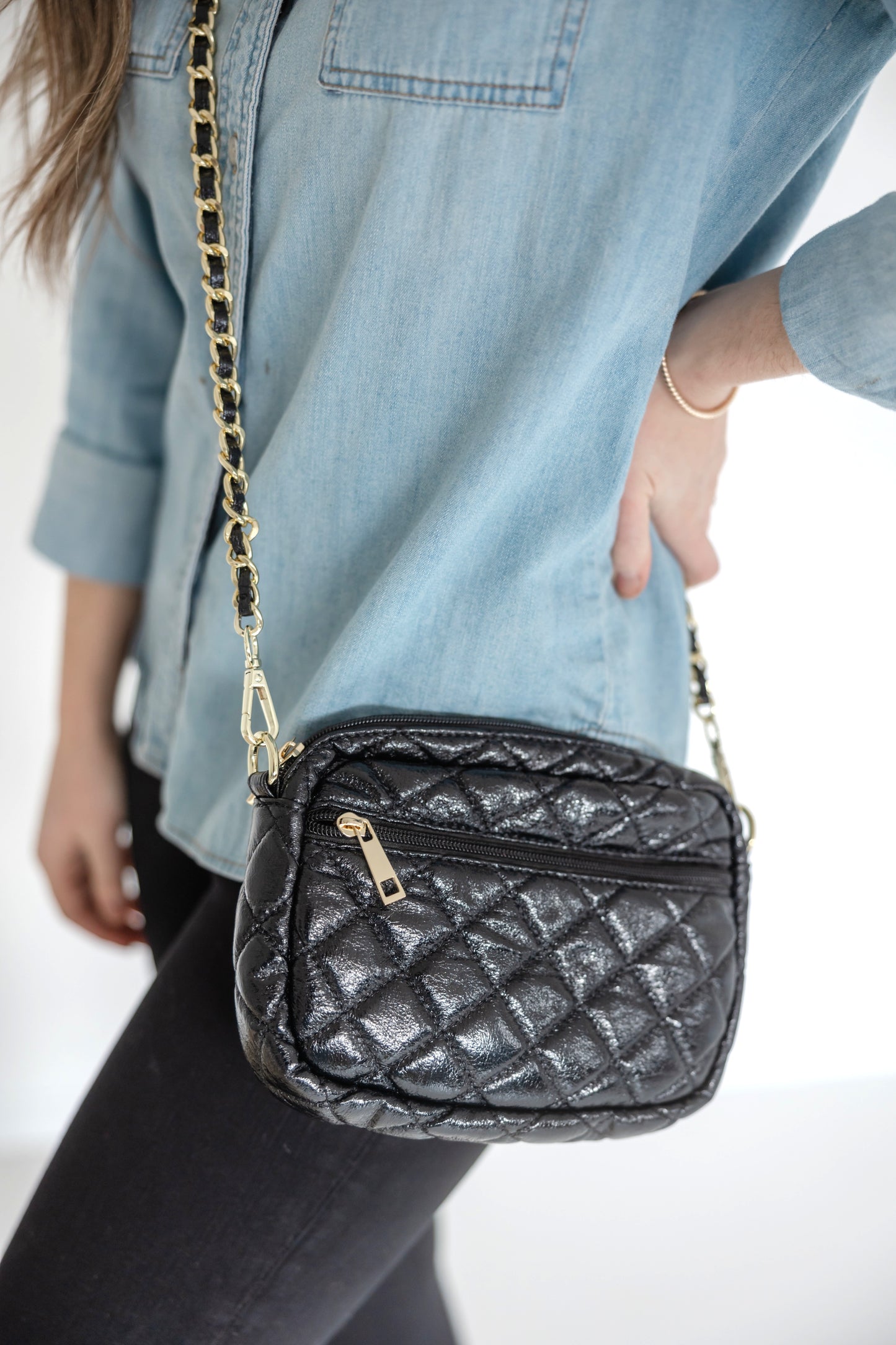 SueEllen Quilted Small Crossbody Bag with Gold Chain Strap