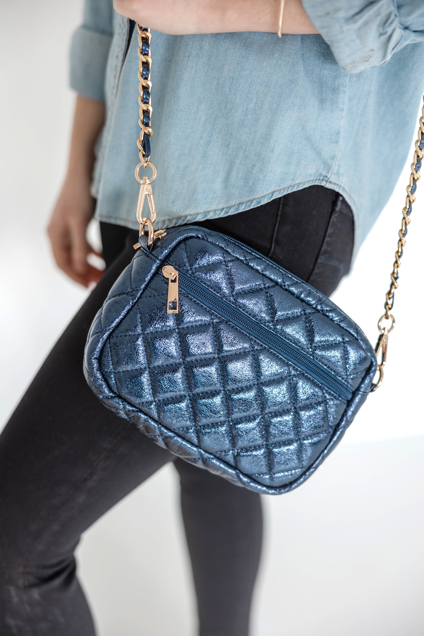 SueEllen Quilted Small Crossbody Bag with Gold Chain Strap