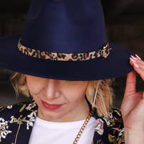 NAVY Adjustable Flat Brim Fedora Hat with Leopard Band