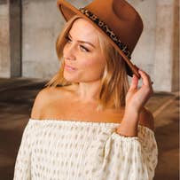 CAMEL Adjustable Flat Brim Fedora Hat with Leopard Band