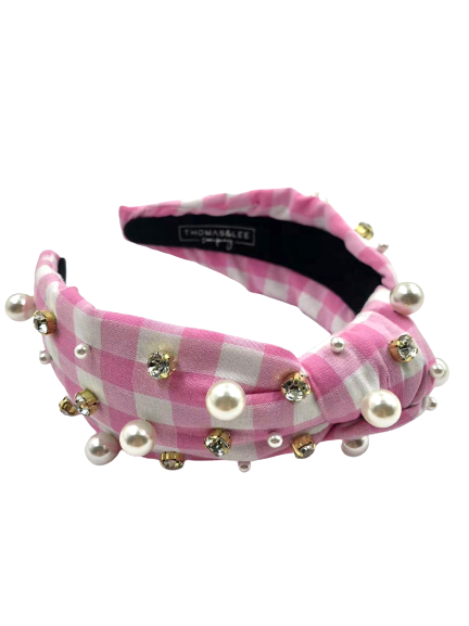 Gingham Headband with hand sewn Embellishments
