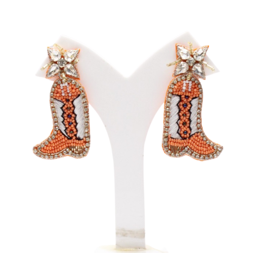 Hand Beaded Boot Earrings Orange White Seed Bead