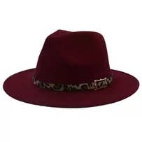 BURGUNDY Adjustable Flat Brim Fedora Hat with Leopard Band