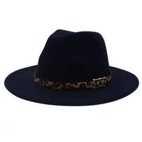 NAVY Adjustable Flat Brim Fedora Hat with Leopard Band