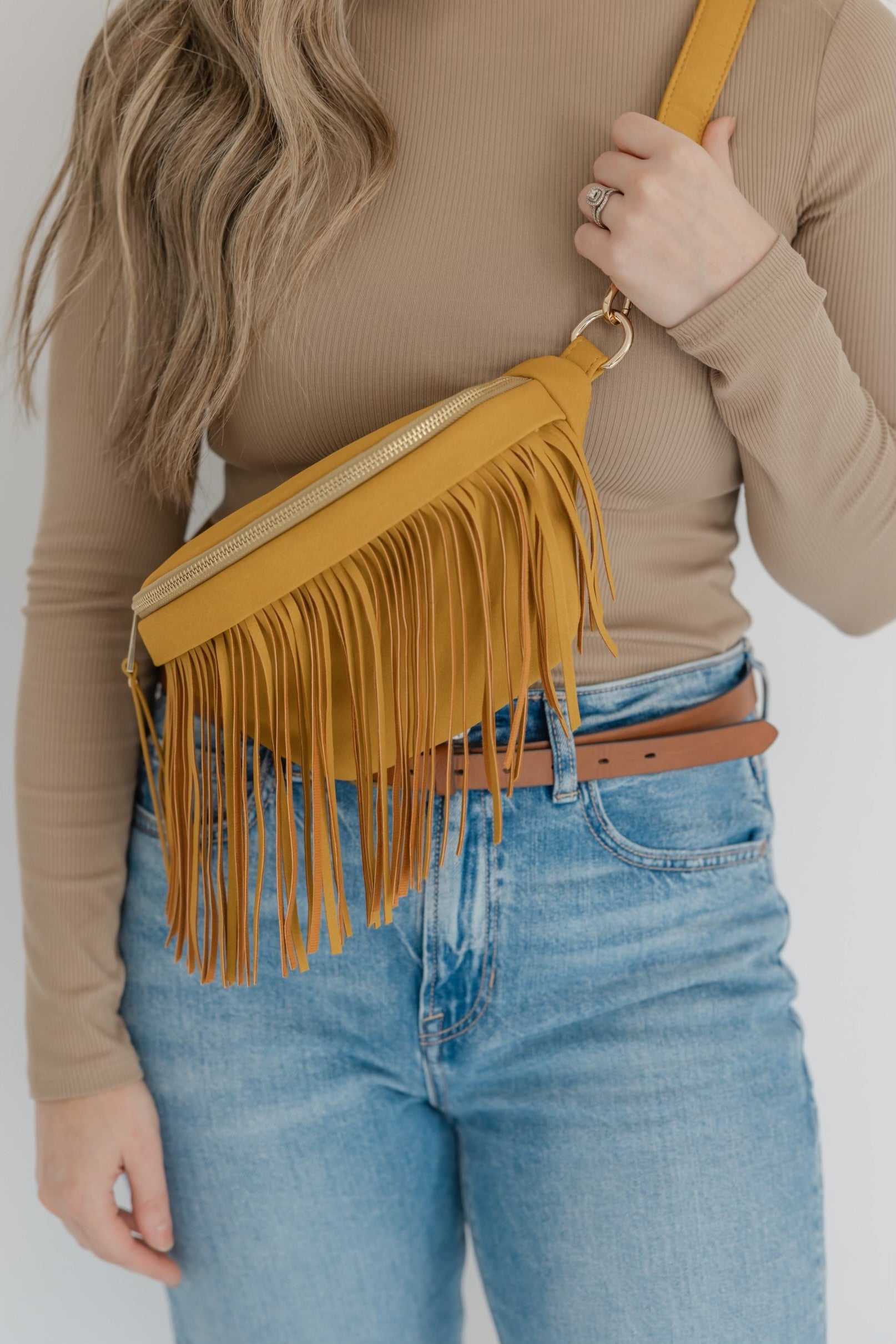 Brown Faux Suede Fringe Convertible Fanny/Sling Bag – Tiffany Cagle Boutique