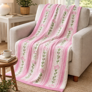 Pink floral blanket draped over a sofa in a cozy living room.