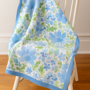 Floral patterned blanket draped over a chair with a white background