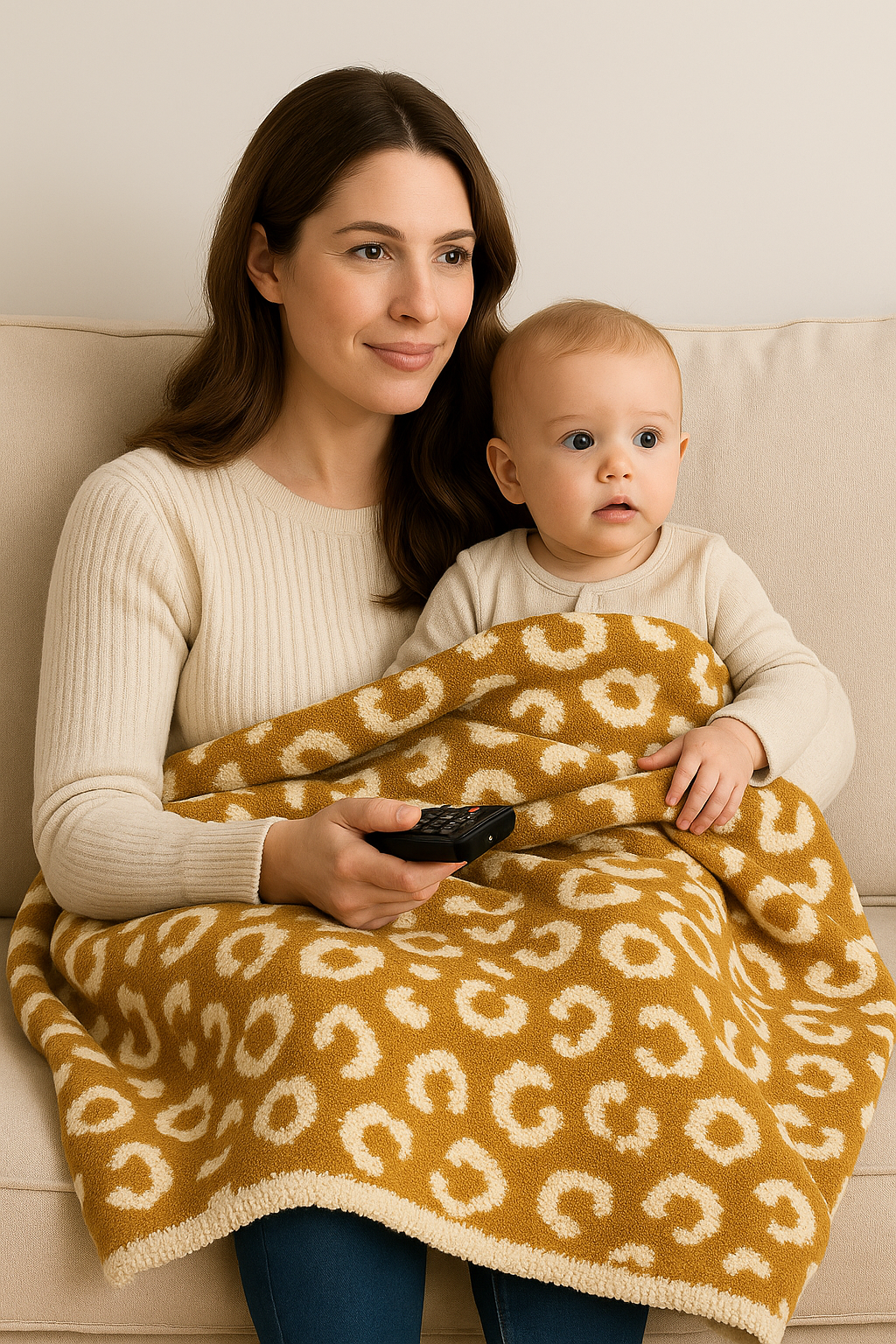 Woman holding a baby wrapped in a leopard print blanket on a couch.