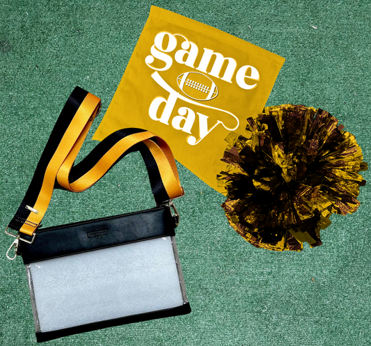 Black & Clear Stadium Bag + Gold & Black Gameday Strap NCAA/NFL/Concert