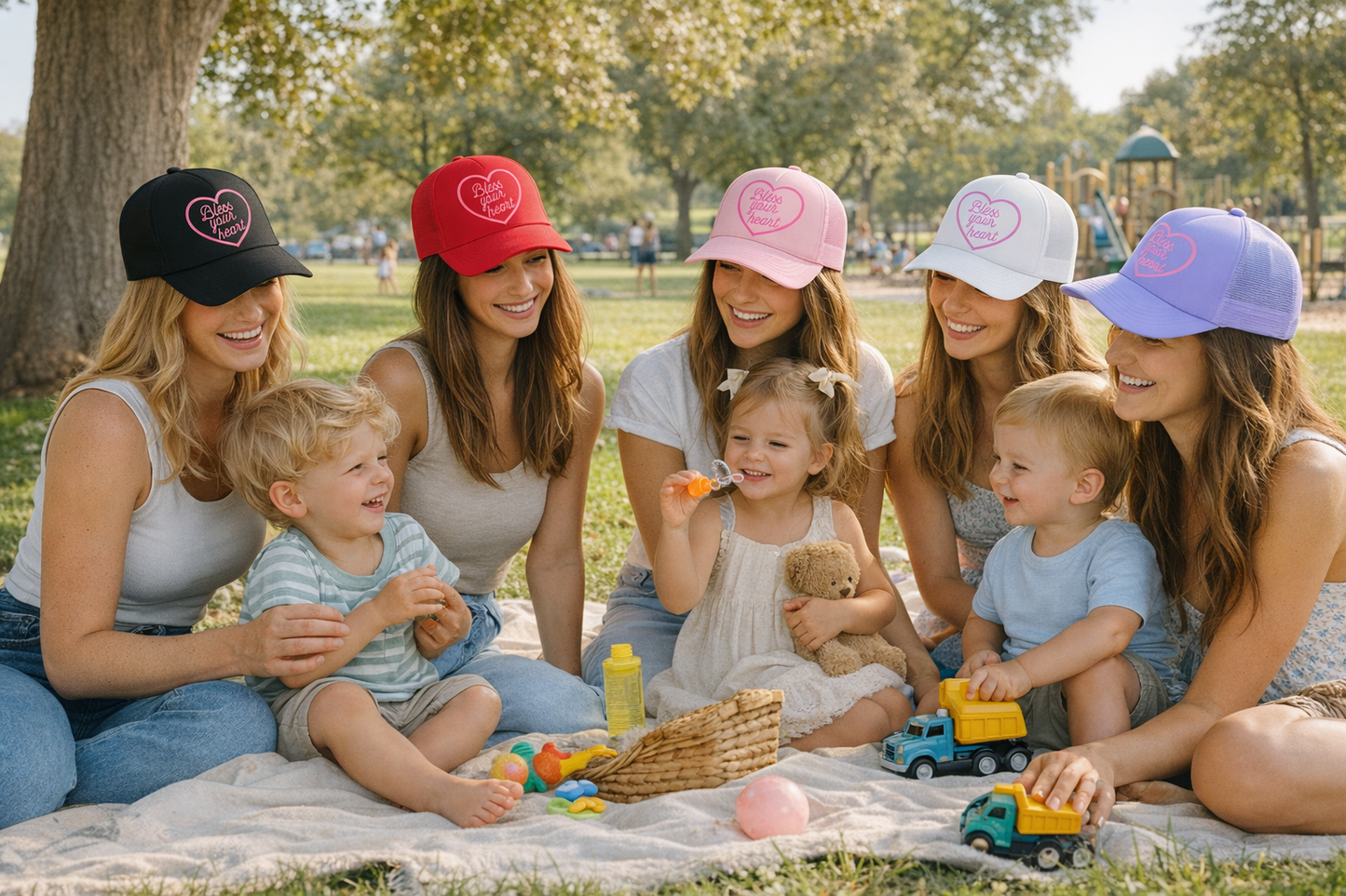Group of women and children sitting on a blanket in a park, wearing branded hats.