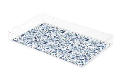 Rectangular tray with blue floral pattern on a white background