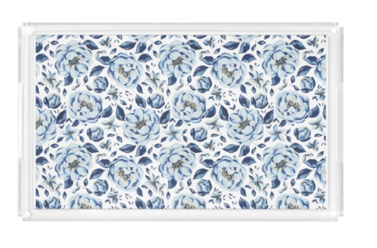 Floral patterned mat with blue flowers on a white background