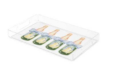 Clear plastic tray with decorative bottle designs on a white background