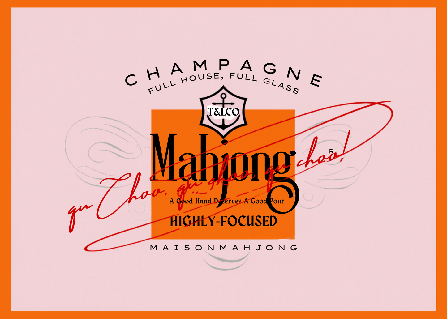 Maison Mahjong logo with text on a pink and orange background
