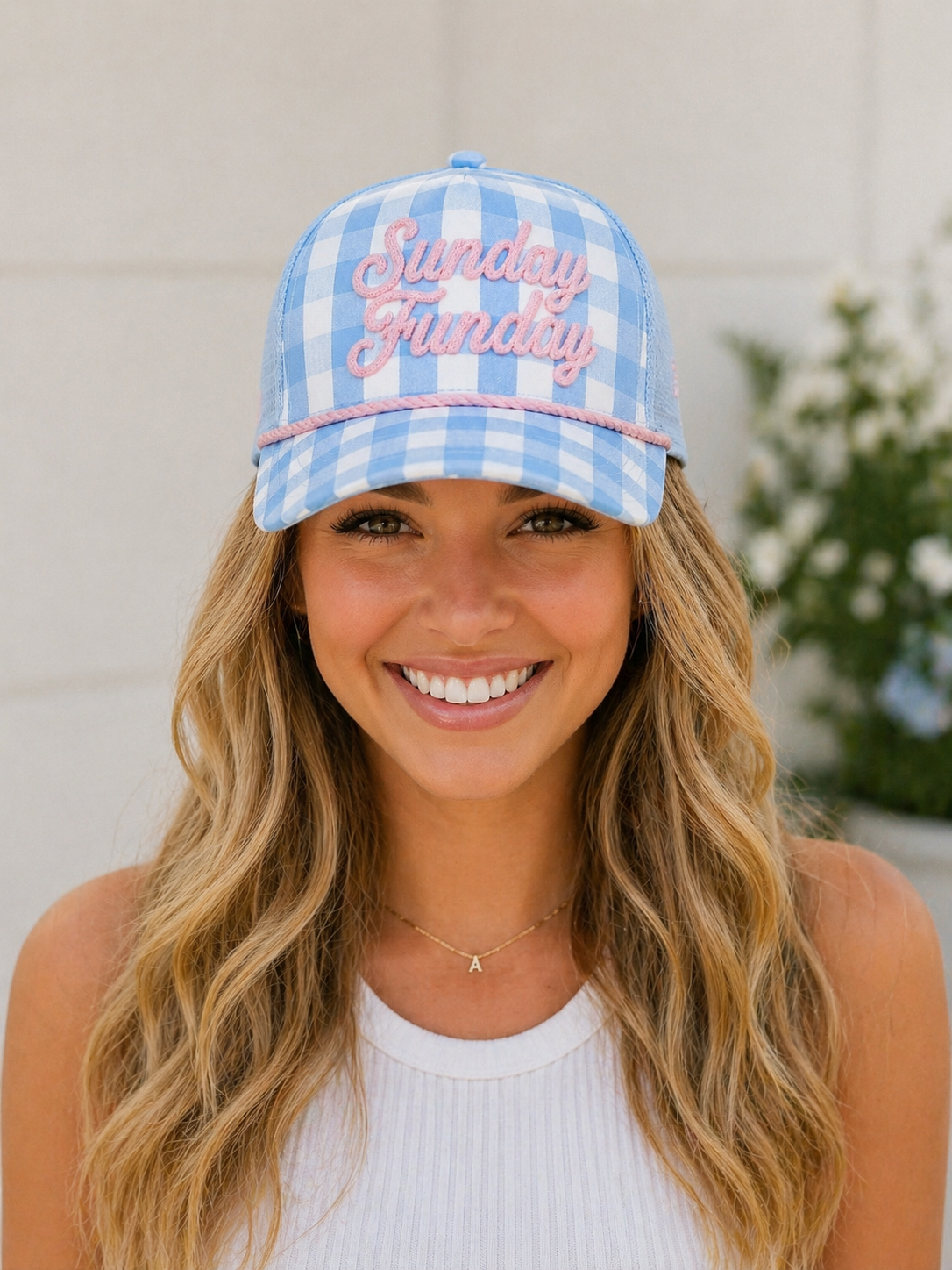 PREORDER Sunday Funday Gingham Hat – Blue & Pink Embroidered Hat - Ships 6/22