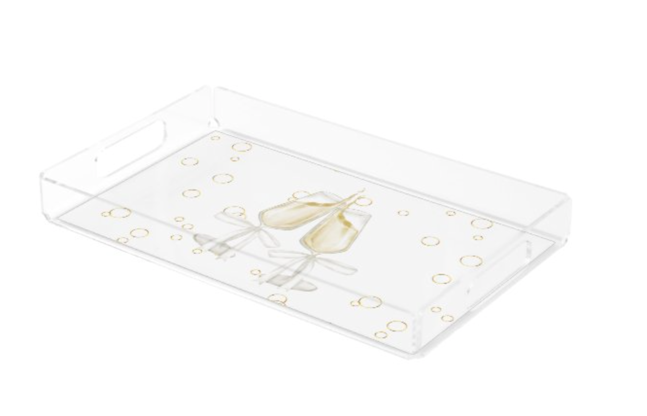 Clear acrylic tray with gold decorative elements on a white background