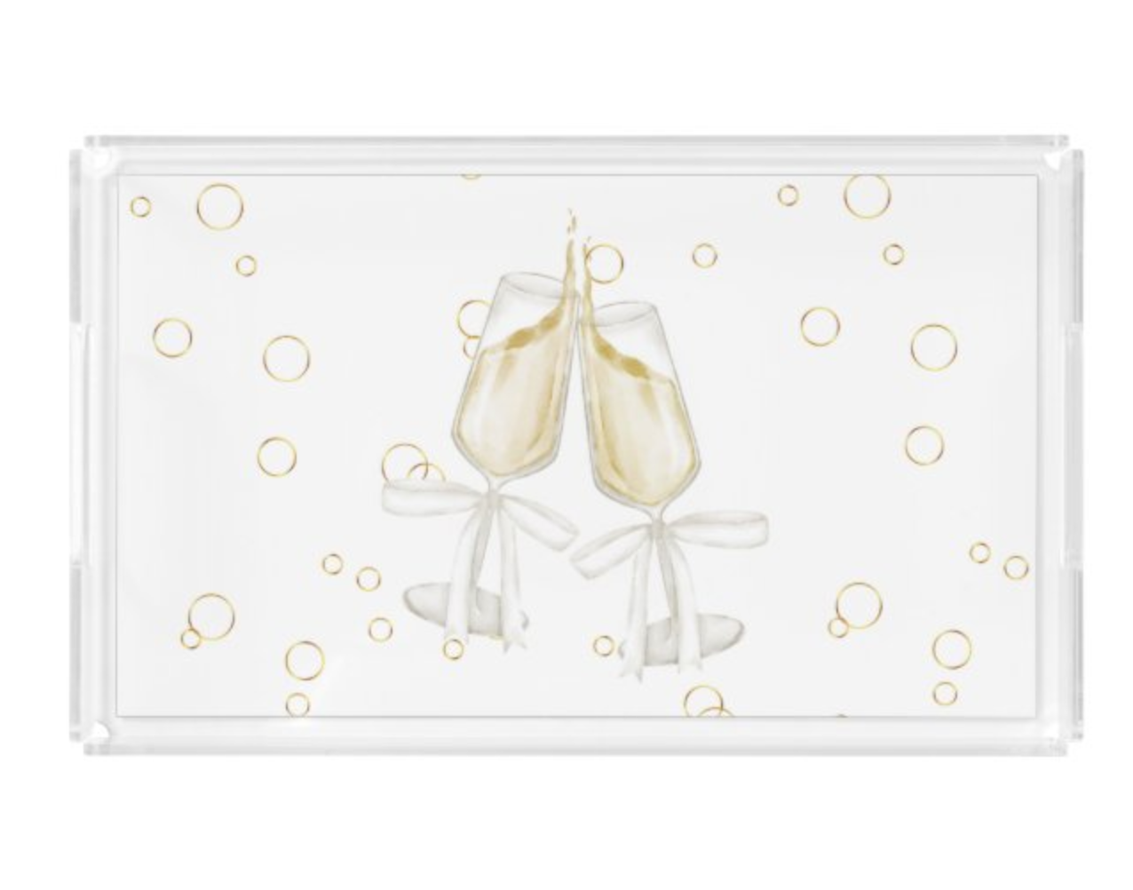 Decorative tray with champagne glasses and bubbles on a white background