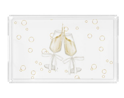 Decorative tray with champagne glasses and bubbles on a white background