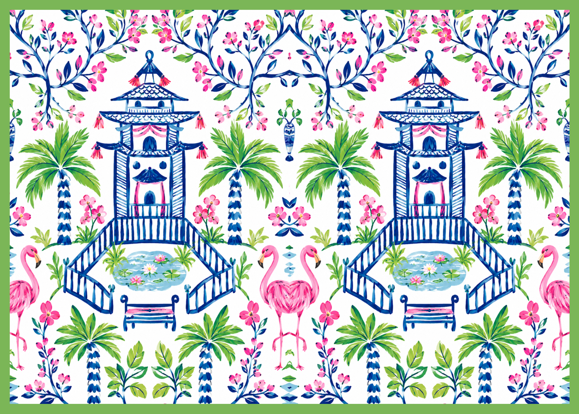 Patterned design with pagodas, palm trees, and flamingos on a white background
