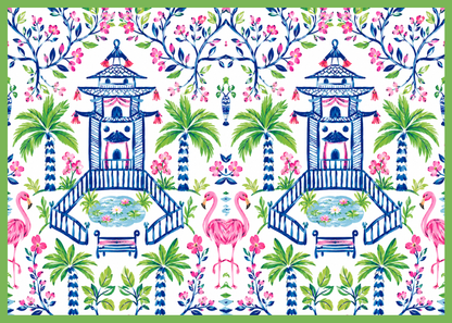 Patterned design with pagodas, palm trees, and flamingos on a white background