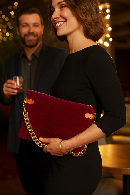 Woman holding a red clutch with gold chain in a social setting