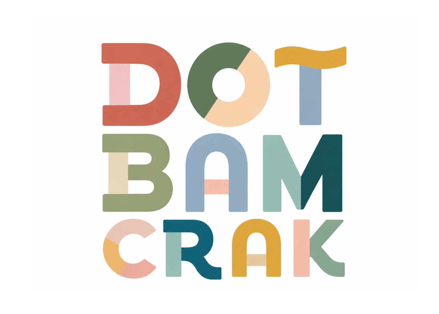 Colorful text 'DOT BAM CRAK' on a white background