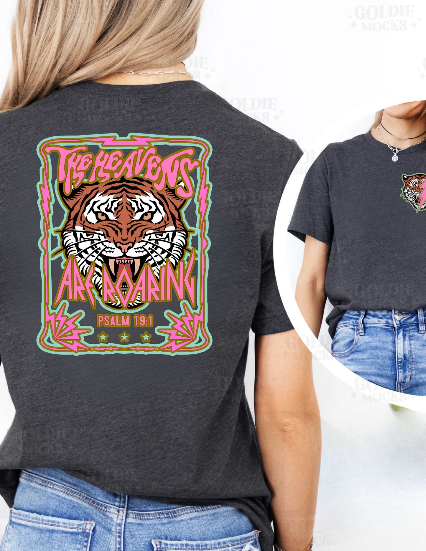 Black t-shirt with a graphic design of a tiger and text on the back, worn by a person.