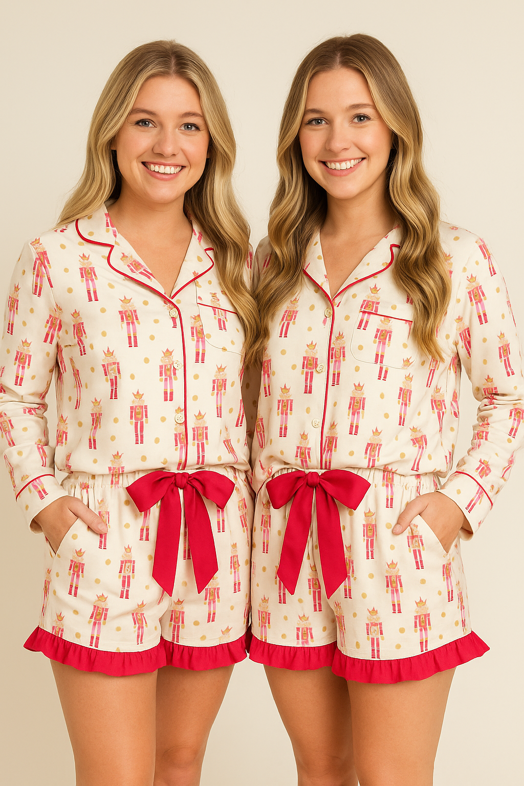 Two women wearing matching pajama sets with red ribbons on a beige background