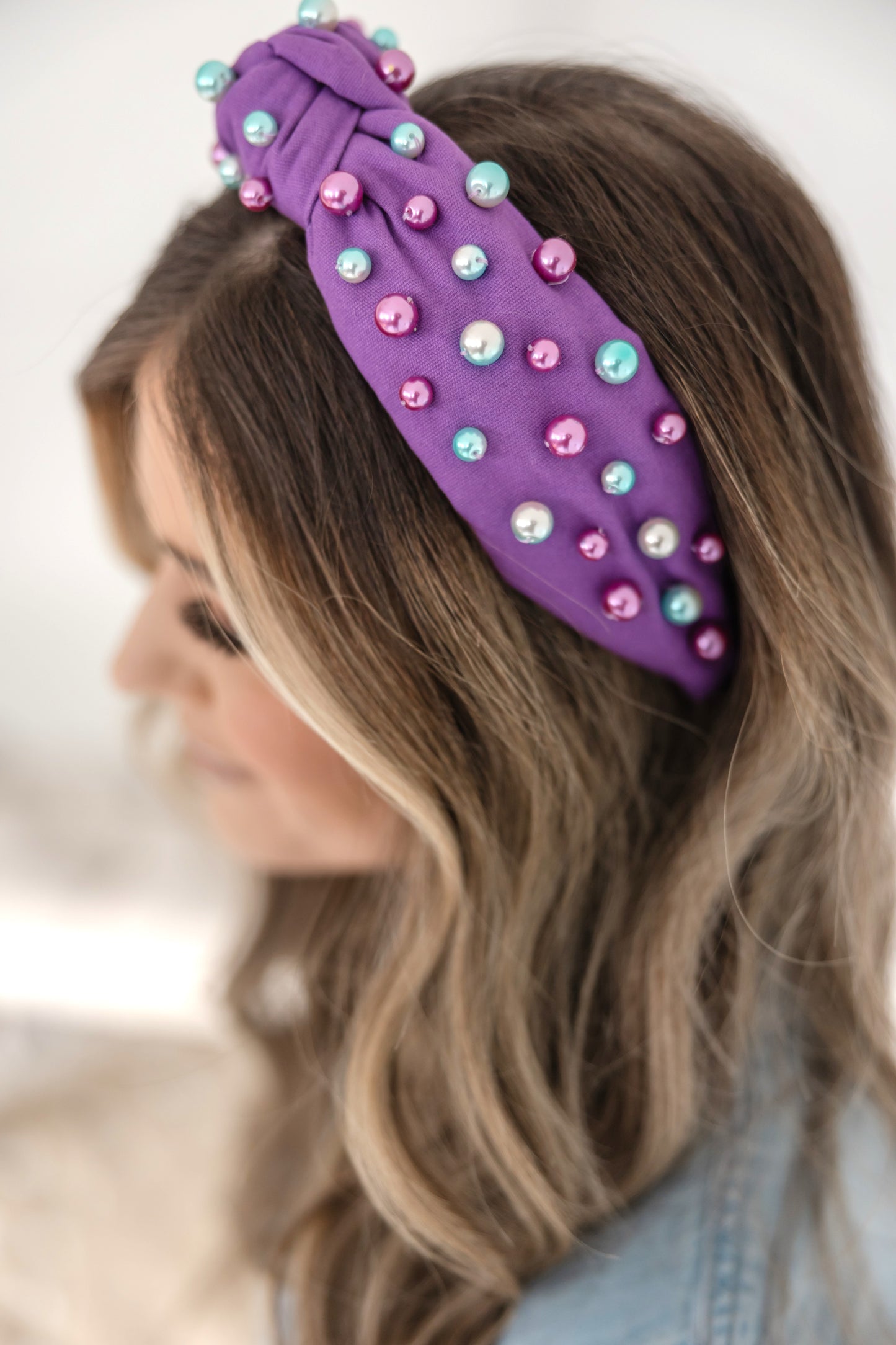 Pearls Headband Purple Fabric with Gold, Green, Purple Pearls