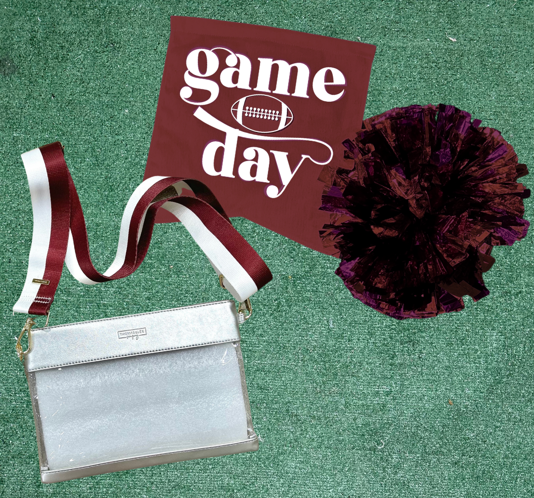 Silver & Clear Stadium Bag + Maroon & White Gameday Strap NCAA/NFL/Concert