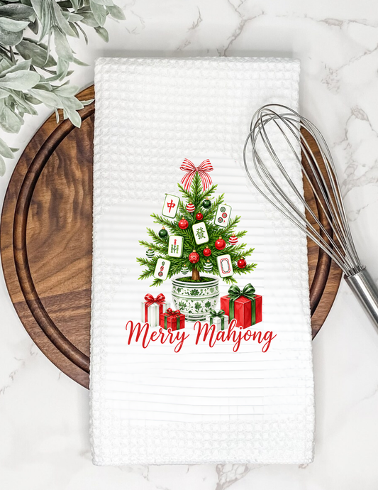 Merry Mahjong Waffle Tea Towel Red & Green