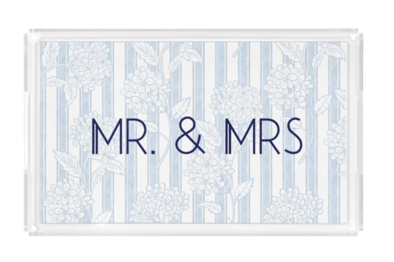 Decorative mat with 'MR. & MRS.' text on a striped background