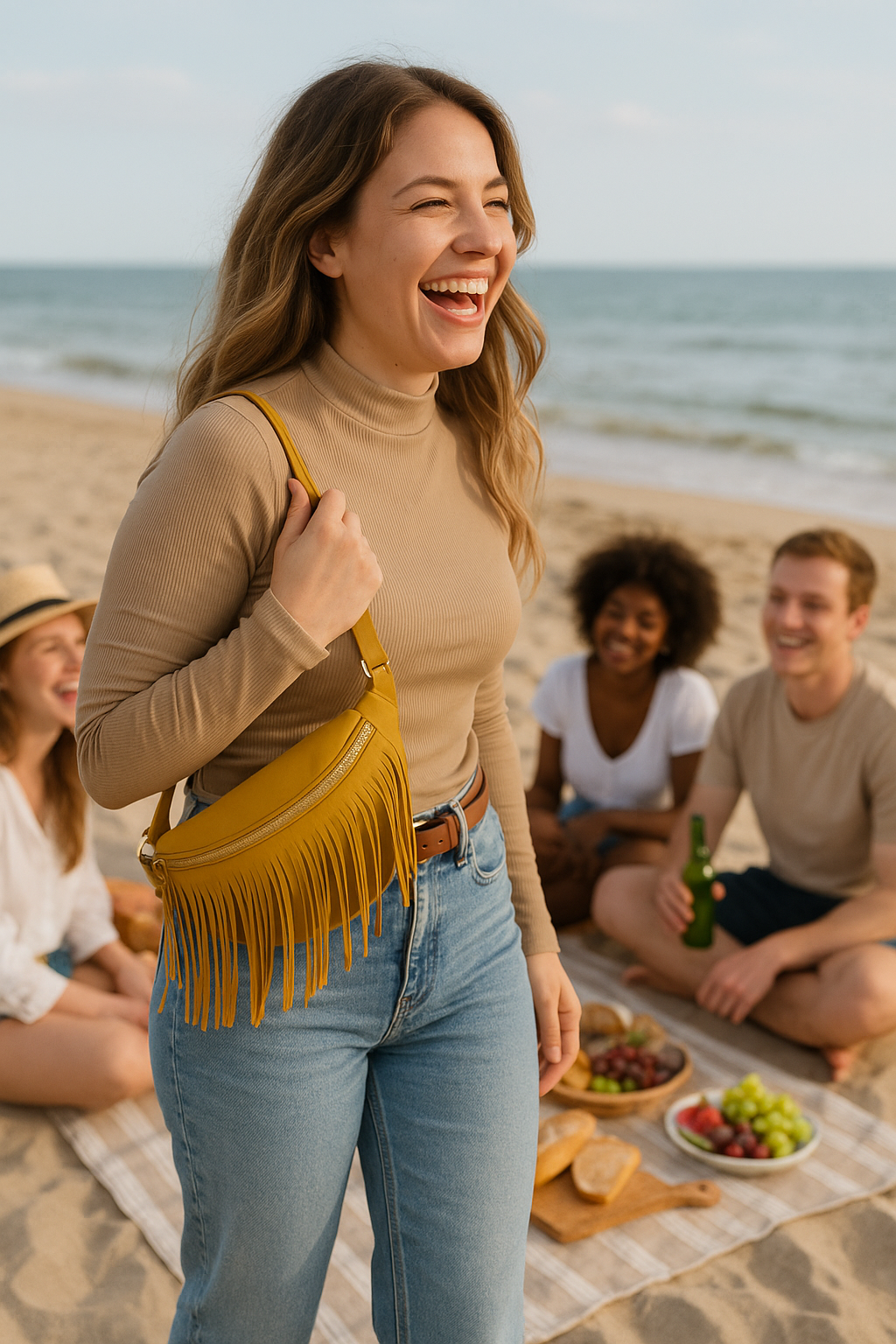 Woman laughing on a beach with friends and a picnic setup