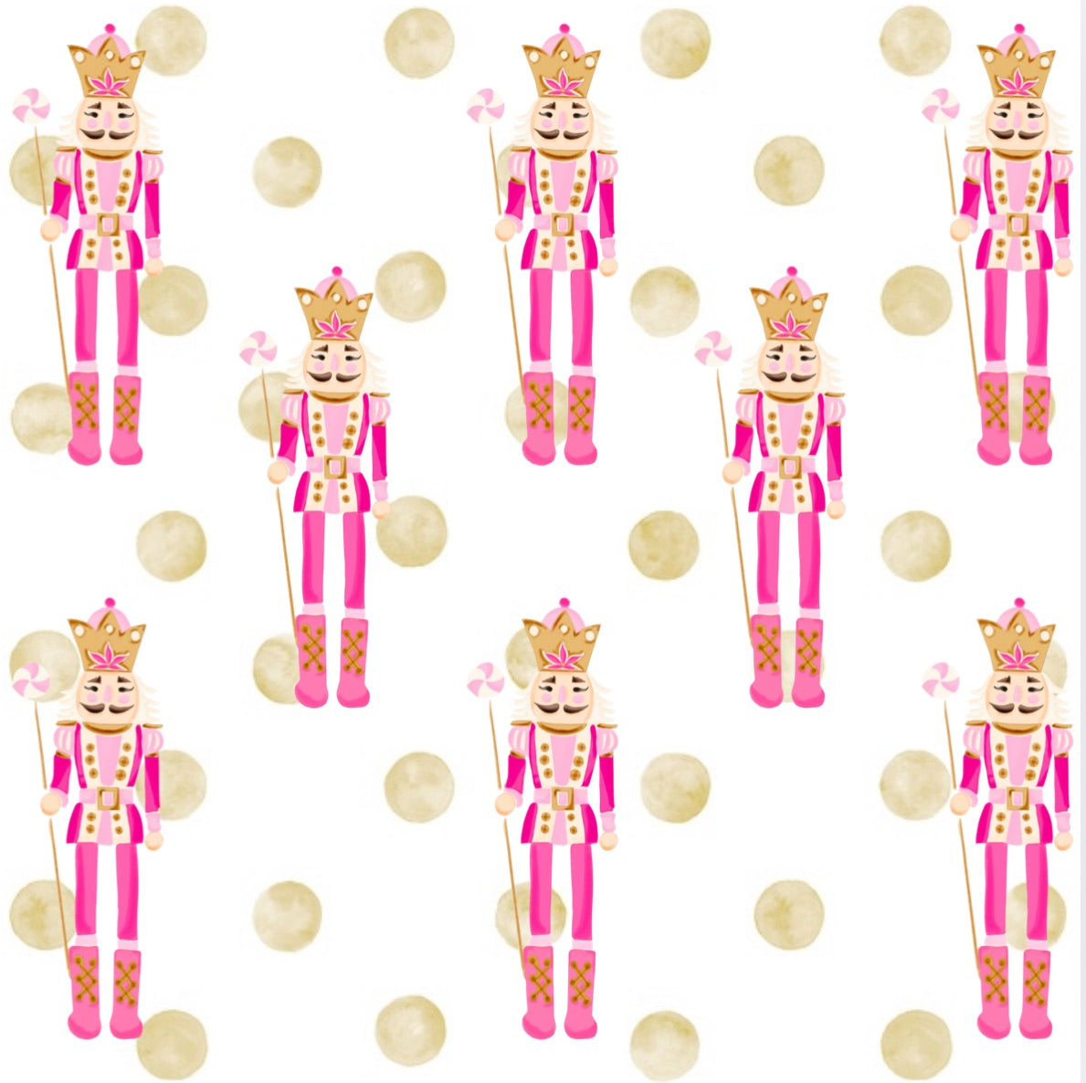 Pattern of pink nutcrackers with gold crowns on a white background