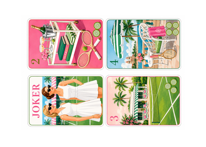 Four colorful card designs with various elements on a white background