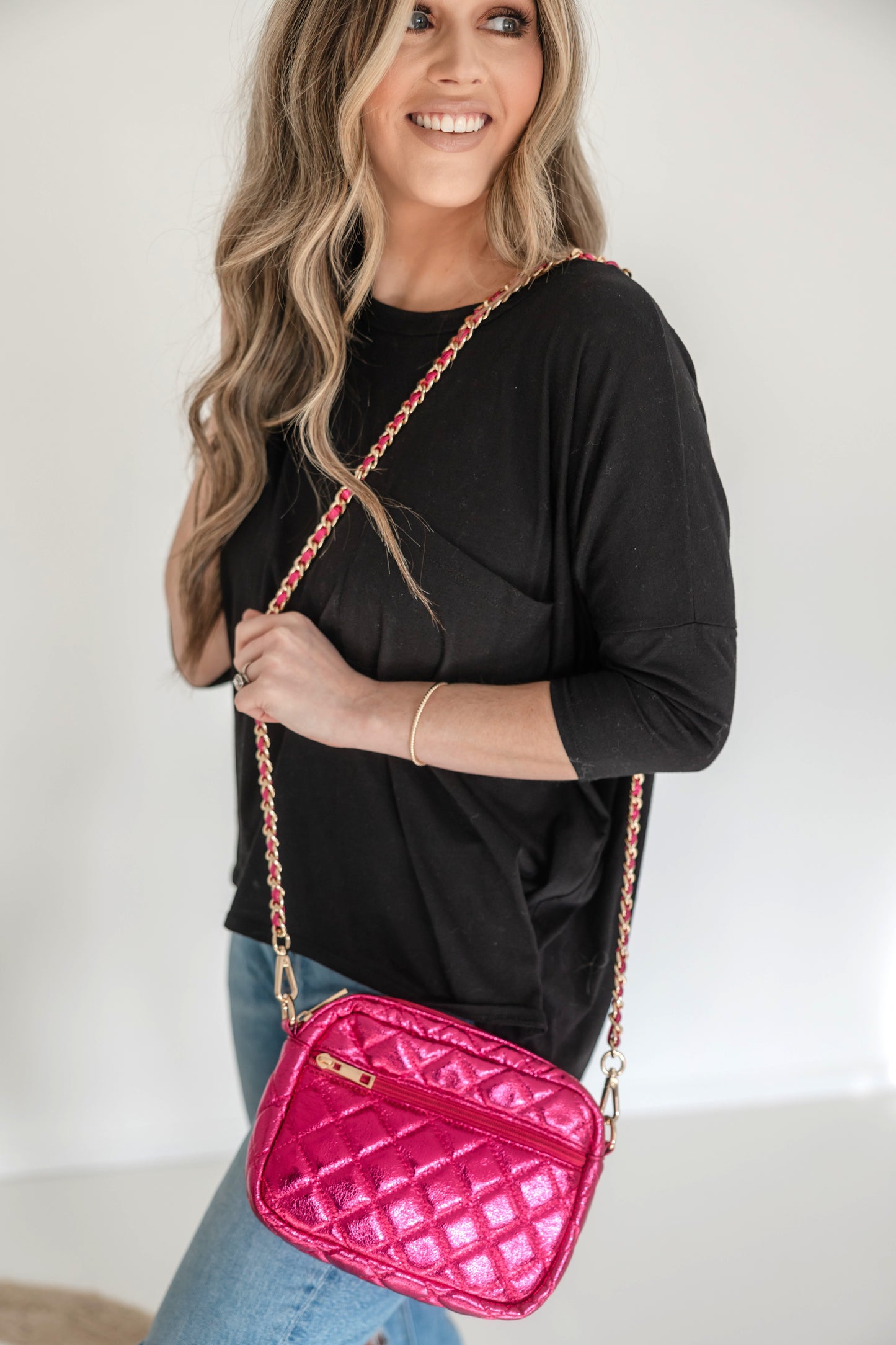 SueEllen Quilted Small Crossbody Bag with Gold Chain Strap