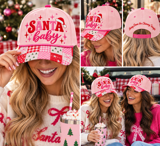 A collage showing a woman wearing a pink baseball cap with 'Santa baby' and 'Holly From the Christmas Tree' text, along with holiday-themed sweaters and drinks in a festive outdoor setting.
