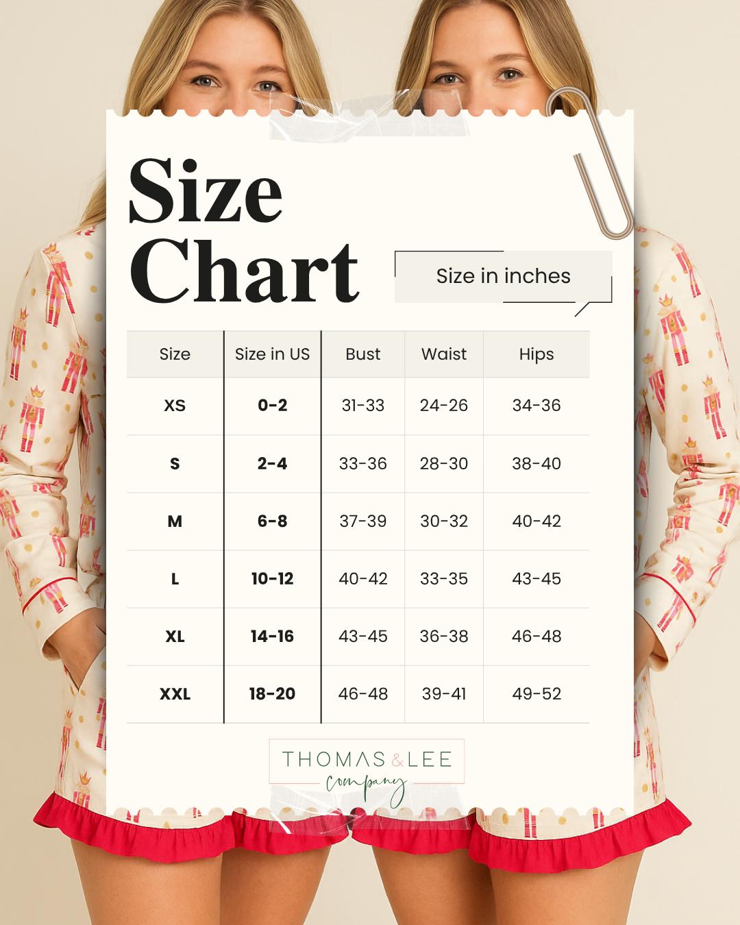 Woman holding a size chart for clothing measurements with 'Thomas & Lee' branding.